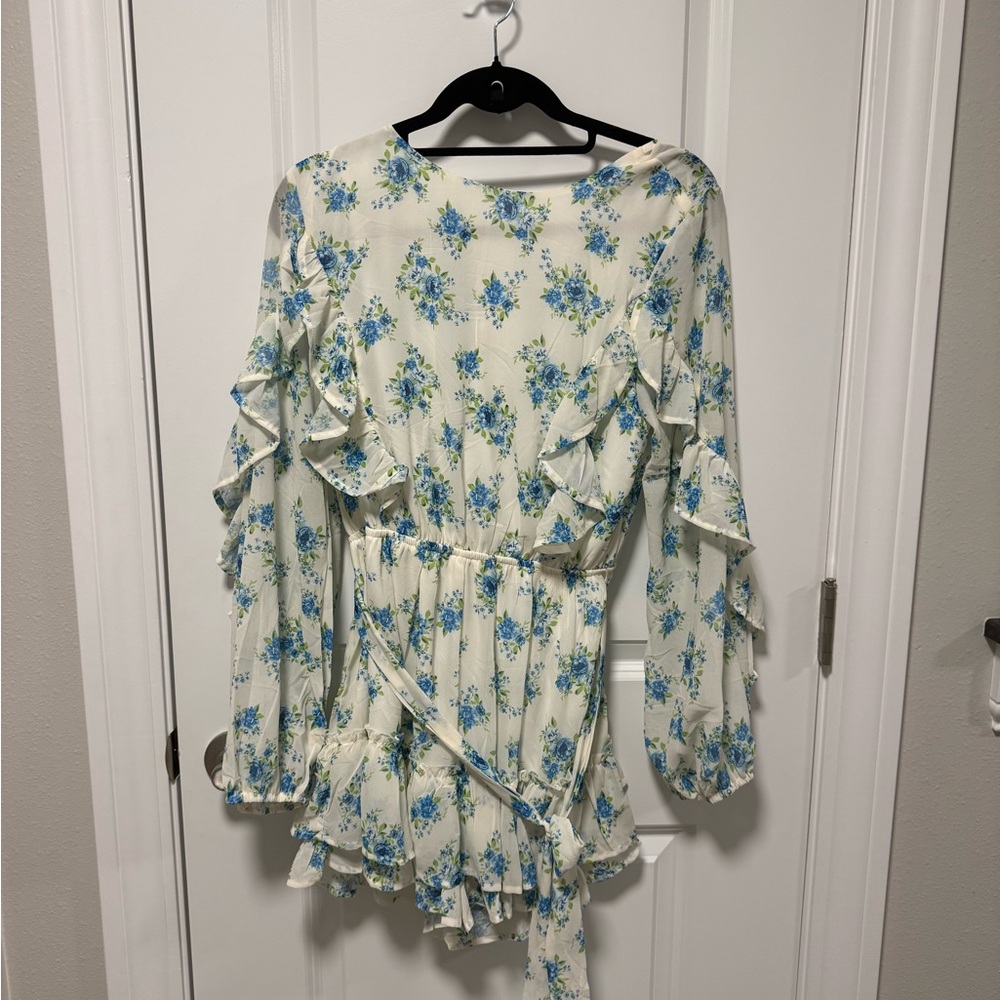 Flying Tomato Floral Ruffle Dress - Blue and White